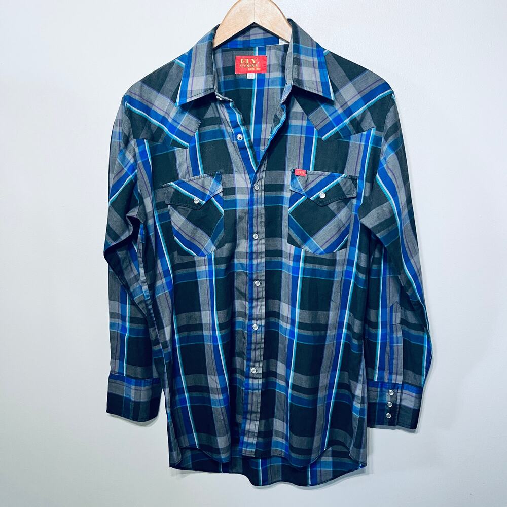 Ely Plains VTG Shirt Western Pearl Snap Blue Plaid Cattleman Rancher 15.5-32/33